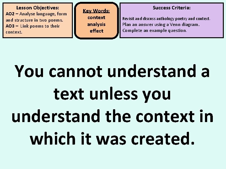 Lesson Objectives: AO 2 – Analyse language, form and structure in two poems. AO Lesson Objectives: AO 2 – Analyse language, form and structure in two poems. AO