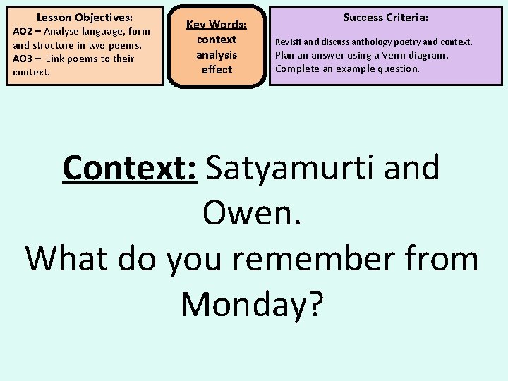 Lesson Objectives: AO 2 – Analyse language, form and structure in two poems. AO Lesson Objectives: AO 2 – Analyse language, form and structure in two poems. AO