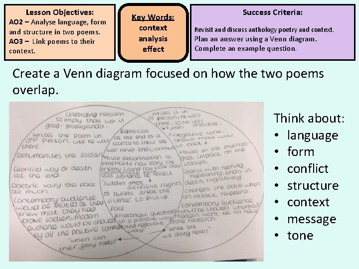 Lesson Objectives: AO 2 – Analyse language, form and structure in two poems. AO Lesson Objectives: AO 2 – Analyse language, form and structure in two poems. AO