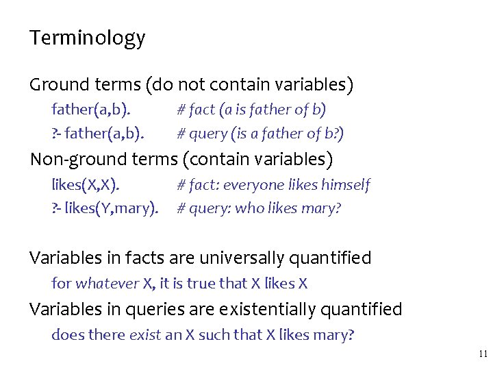 Terminology Ground terms (do not contain variables) father(a, b). ? - father(a, b). #