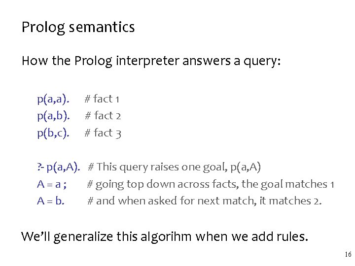 Prolog semantics How the Prolog interpreter answers a query: p(a, a). p(a, b). p(b,