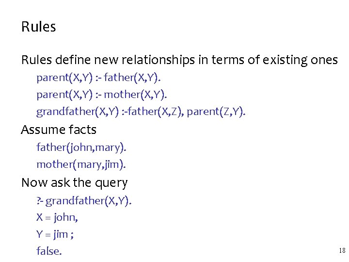 Rules define new relationships in terms of existing ones parent(X, Y) : - father(X,