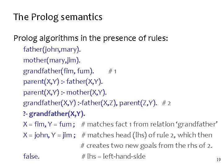 The Prolog semantics Prolog algorithms in the presence of rules: father(john, mary). mother(mary, jim).