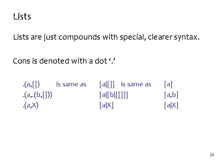 Lists are just compounds with special, clearer syntax. Cons is denoted with a dot