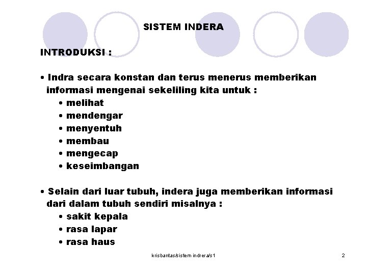  SISTEM INDERA INTRODUKSI : • Indra secara konstan dan terus menerus memberikan informasi