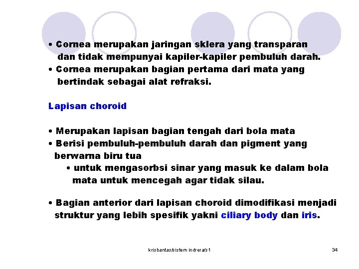  • Cornea merupakan jaringan sklera yang transparan dan tidak mempunyai kapiler-kapiler pembuluh darah.