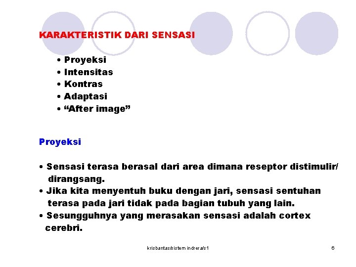 KARAKTERISTIK DARI SENSASI • • • Proyeksi Intensitas Kontras Adaptasi “After image” Proyeksi •