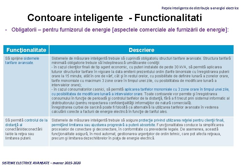 Reţele inteligente de distribuţie a energiei electrice Contoare inteligente - Functionalitati - Obligatorii –