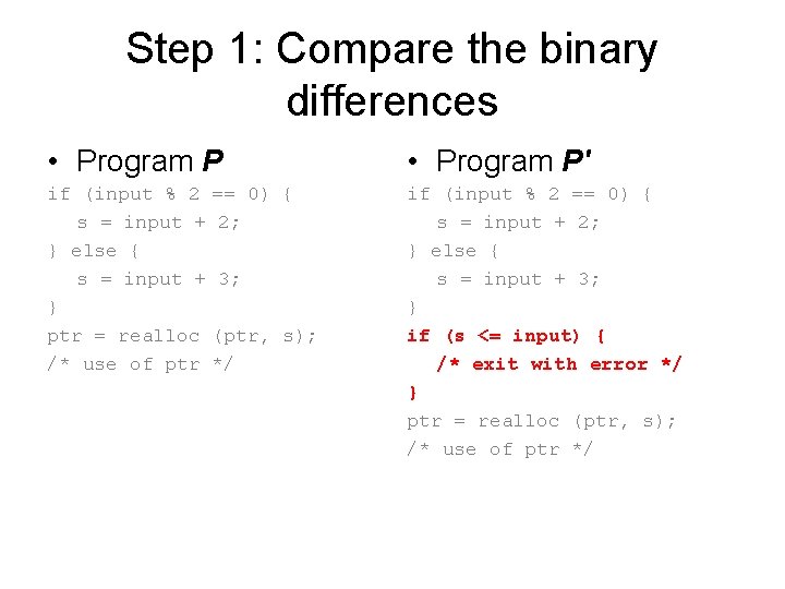 Step 1: Compare the binary differences • Program P' if (input % 2 s