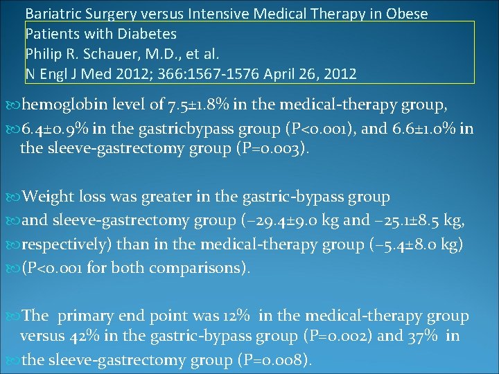Bariatric Surgery versus Intensive Medical Therapy in Obese Patients with Diabetes Philip R. Schauer,