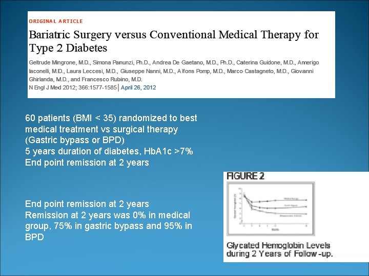 60 patients (BMI < 35) randomized to best medical treatment vs surgical therapy (Gastric