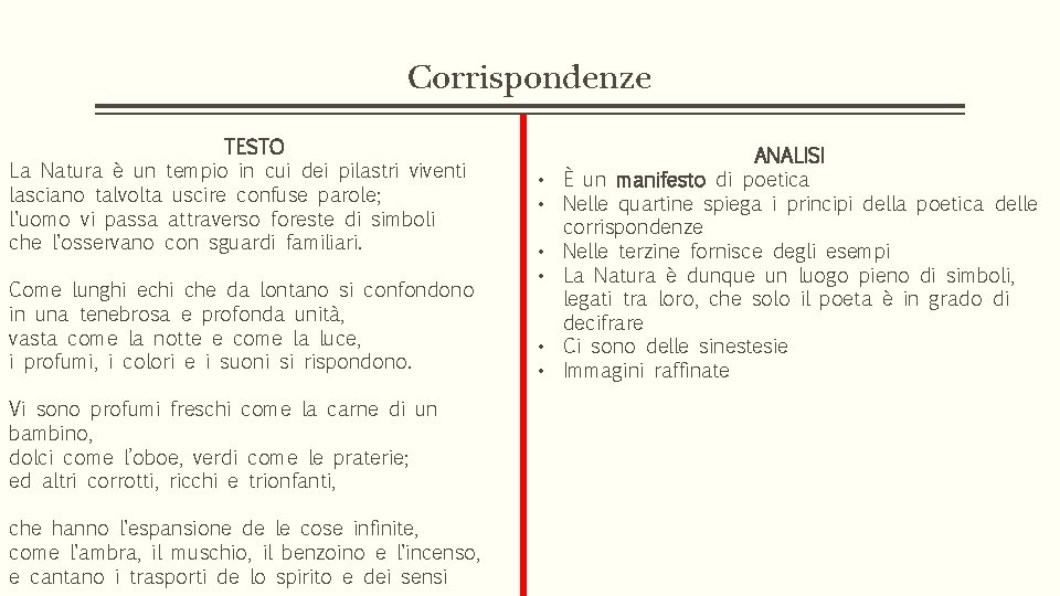 Corrispondenze TESTO La Natura è un tempio in cui dei pilastri viventi lasciano talvolta