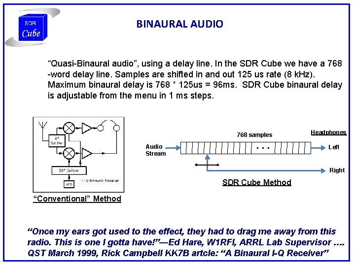 BINAURAL AUDIO “Quasi-Binaural audio”, using a delay line. In the SDR Cube we have