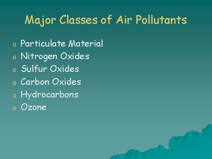 Major Classes of Air Pollutants o o o Particulate Material Nitrogen Oxides Sulfur Oxides