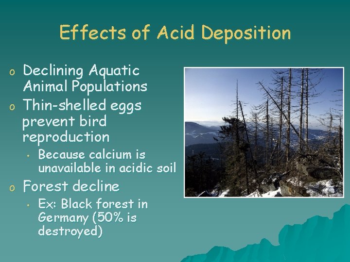 Effects of Acid Deposition o o Declining Aquatic Animal Populations Thin-shelled eggs prevent bird