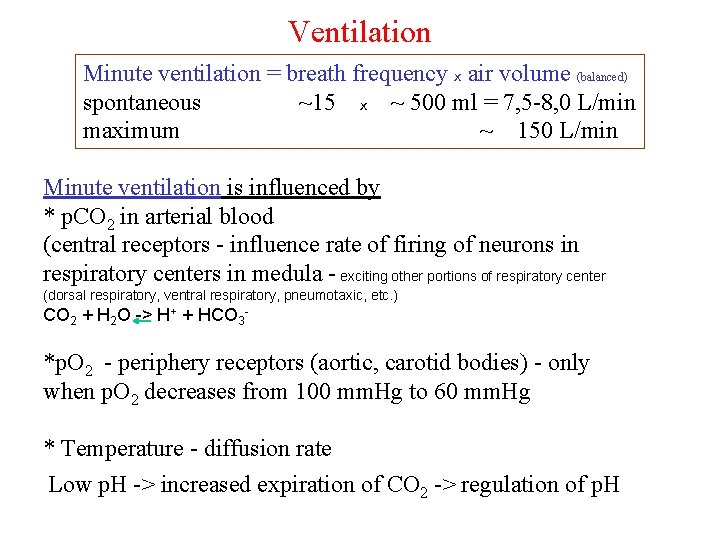 Ventilation Minute ventilation = breath frequency x air volume (balanced) spontaneous ~15 x ~