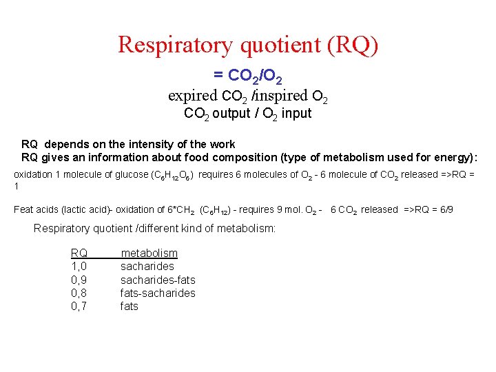 Respiratory quotient (RQ) = CO 2/O 2 expired CO 2 /inspired O 2 CO