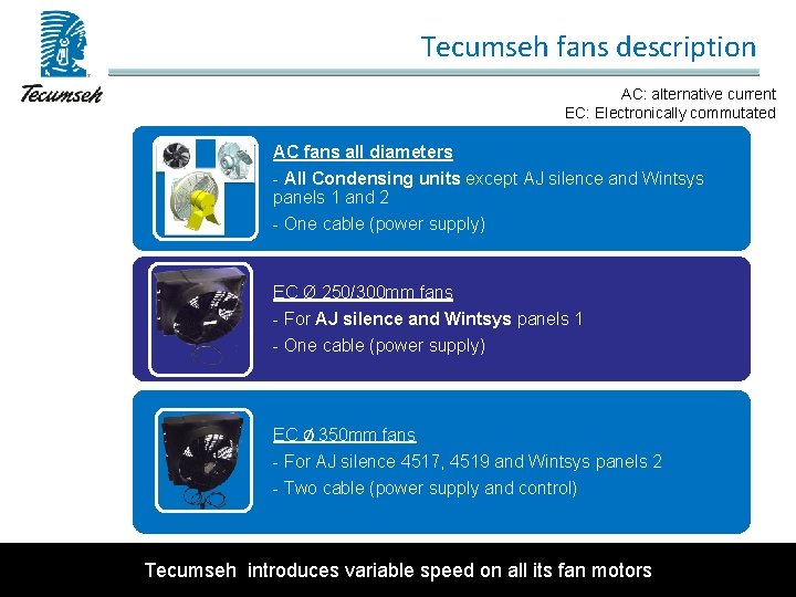 Tecumseh fans description AC: alternative current EC: Electronically commutated AC fans all diameters -