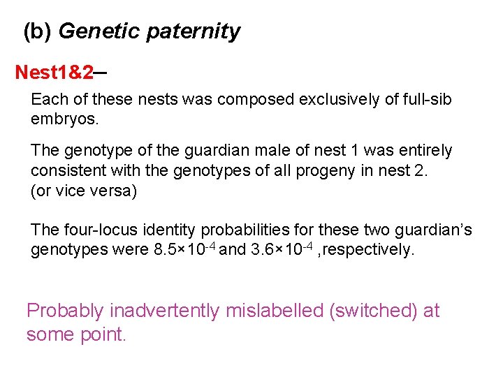 (b) Genetic paternity Nest 1&2─ Each of these nests was composed exclusively of full-sib