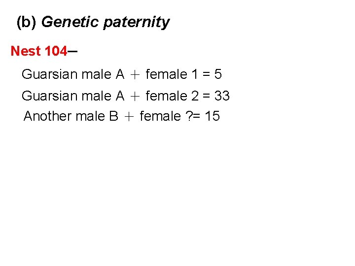 (b) Genetic paternity Nest 104─ Guarsian male A ＋ female 1 = 5 Guarsian