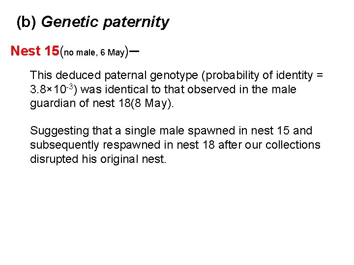 (b) Genetic paternity Nest 15(no male, 6 May)─ This deduced paternal genotype (probability of