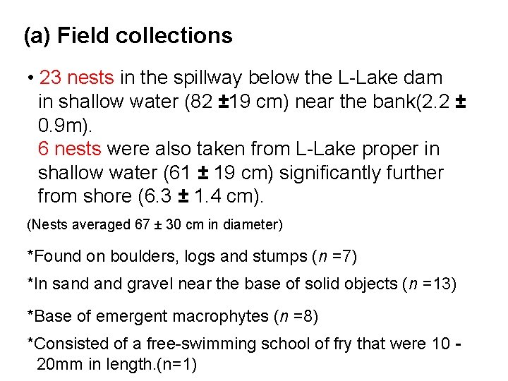 (a) Field collections • 23 nests in the spillway below the L-Lake dam in