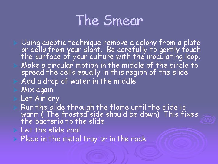 The Smear Ø Ø Ø Ø Using aseptic technique remove a colony from a