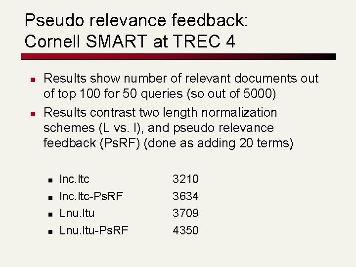 Pseudo relevance feedback: Cornell SMART at TREC 4 n n Results show number of