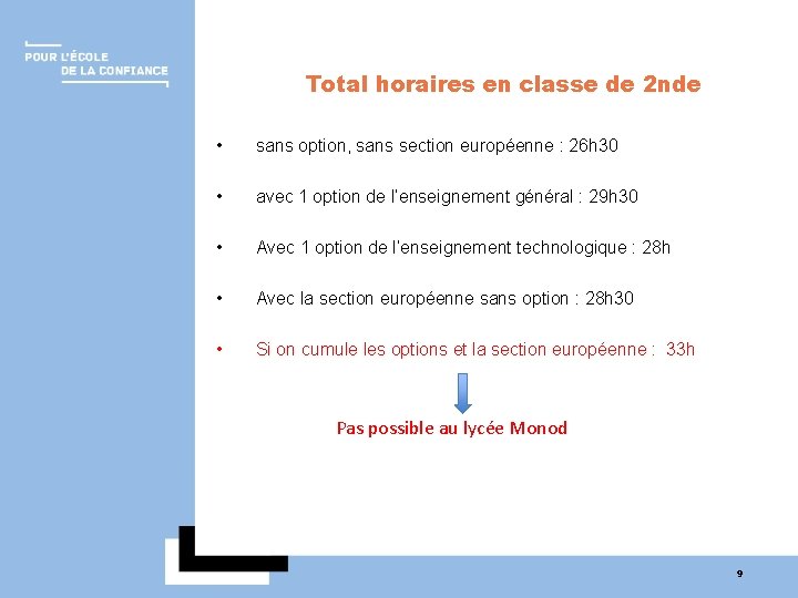 Total horaires en classe de 2 nde • sans option, sans section européenne :