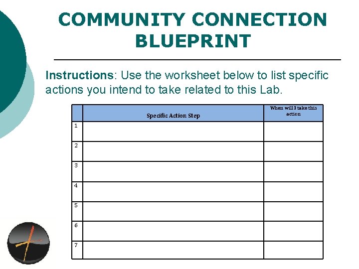 COMMUNITY CONNECTION BLUEPRINT Instructions: Use the worksheet below to list specific actions you intend