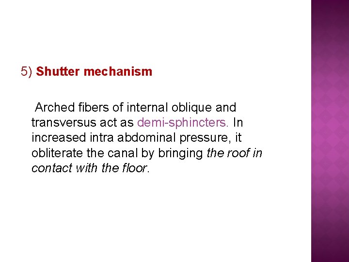 5) Shutter mechanism Arched fibers of internal oblique and transversus act as demi-sphincters. In