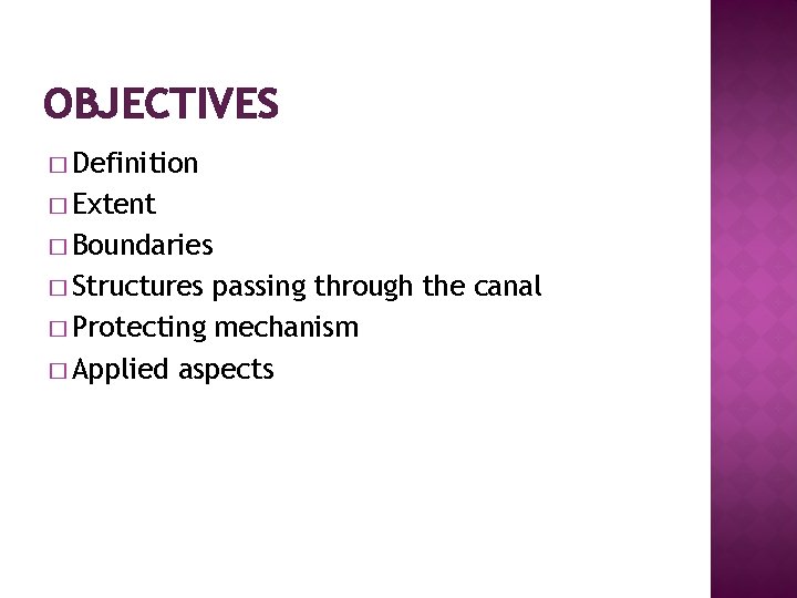 OBJECTIVES � Definition � Extent � Boundaries � Structures passing through the canal �