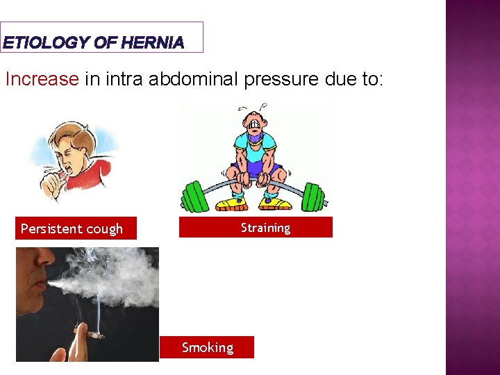 ETIOLOGY OF HERNIA Increase in intra abdominal pressure due to: Straining Persistent cough Smoking