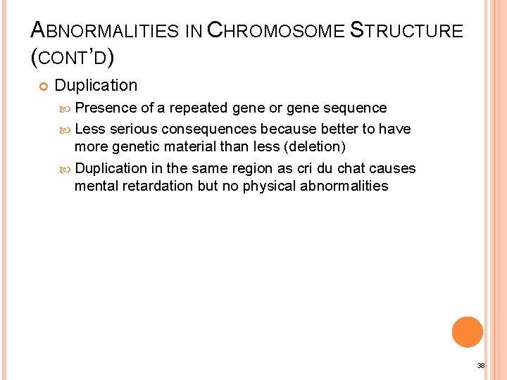 ABNORMALITIES IN CHROMOSOME STRUCTURE (CONT’D) Duplication Presence of a repeated gene or gene sequence