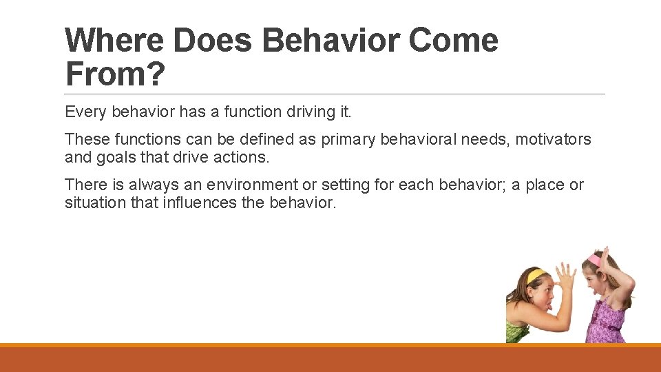 Where Does Behavior Come From? Every behavior has a function driving it. These functions