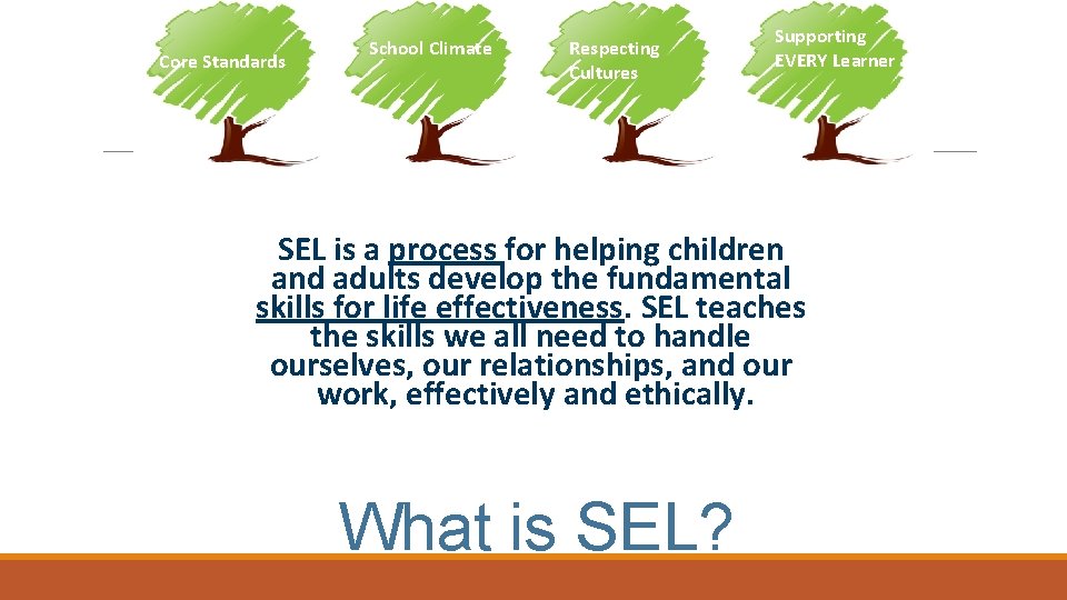 Core Standards School Climate Respecting Cultures Supporting EVERY MTSS Learner SEL is a process