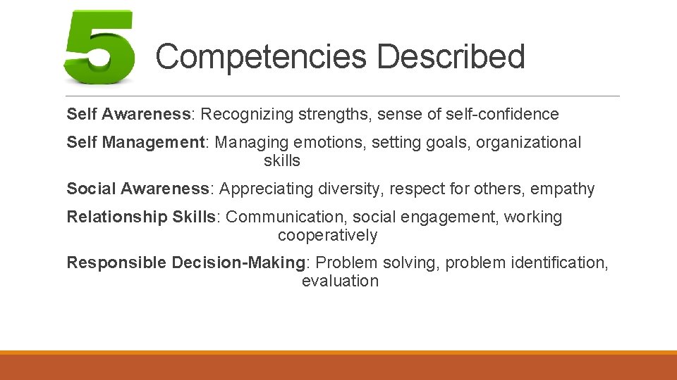 Competencies Described Self Awareness: Recognizing strengths, sense of self-confidence Self Management: Managing emotions, setting
