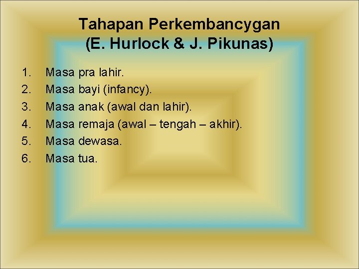 Tahapan Perkembancygan (E. Hurlock & J. Pikunas) 1. 2. 3. 4. 5. 6. Masa