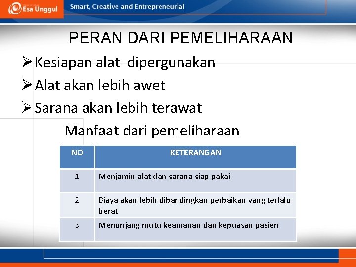 PERAN DARI PEMELIHARAAN Ø Kesiapan alat dipergunakan Ø Alat akan lebih awet Ø Sarana