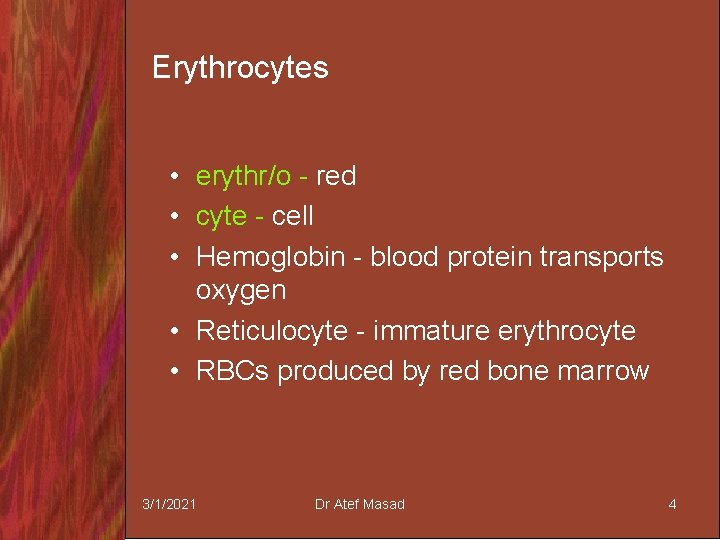 Erythrocytes • erythr/o - red • cyte - cell • Hemoglobin - blood protein