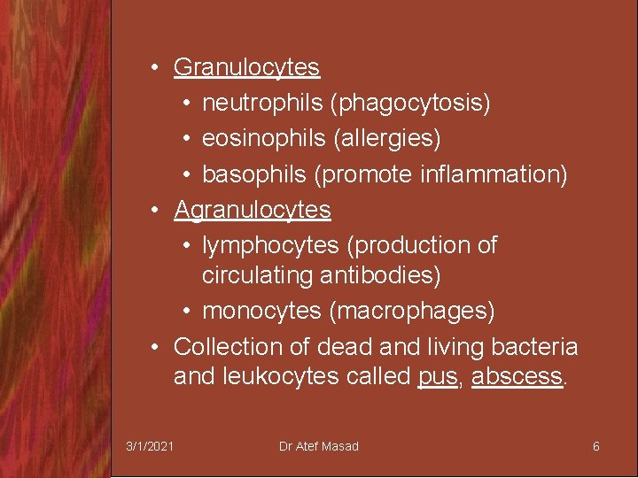  • Granulocytes • neutrophils (phagocytosis) • eosinophils (allergies) • basophils (promote inflammation) •