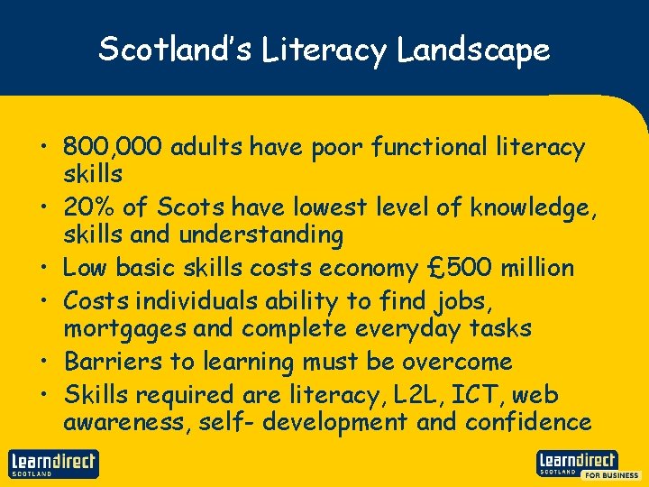 Scotland’s Literacy Landscape • 800, 000 adults have poor functional literacy skills • 20%