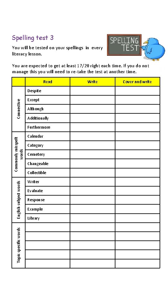 Spelling test 3 You will be tested on your spellings in every literacy lesson.