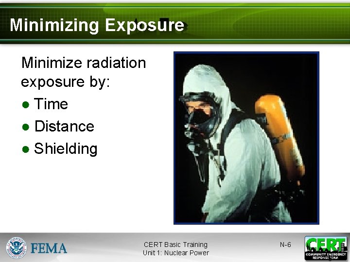 Minimizing Exposure Minimize radiation exposure by: ● Time ● Distance ● Shielding CERT Basic