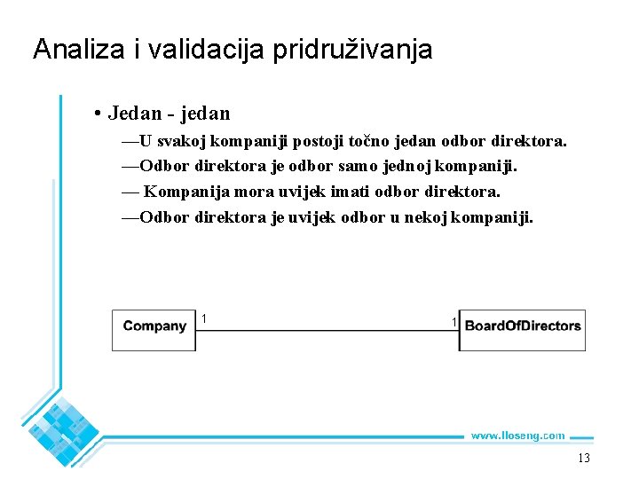 Analiza i validacija pridruživanja • Jedan - jedan —U svakoj kompaniji postoji točno jedan