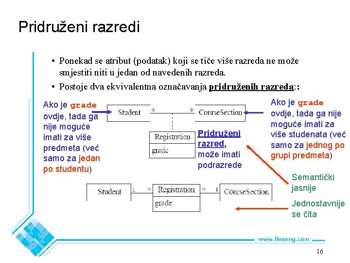 Pridruženi razredi • Ponekad se atribut (podatak) koji se tiče više razreda ne može