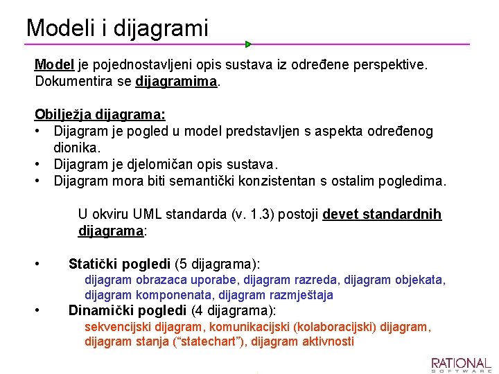 Modeli i dijagrami Model je pojednostavljeni opis sustava iz određene perspektive. Dokumentira se dijagramima.