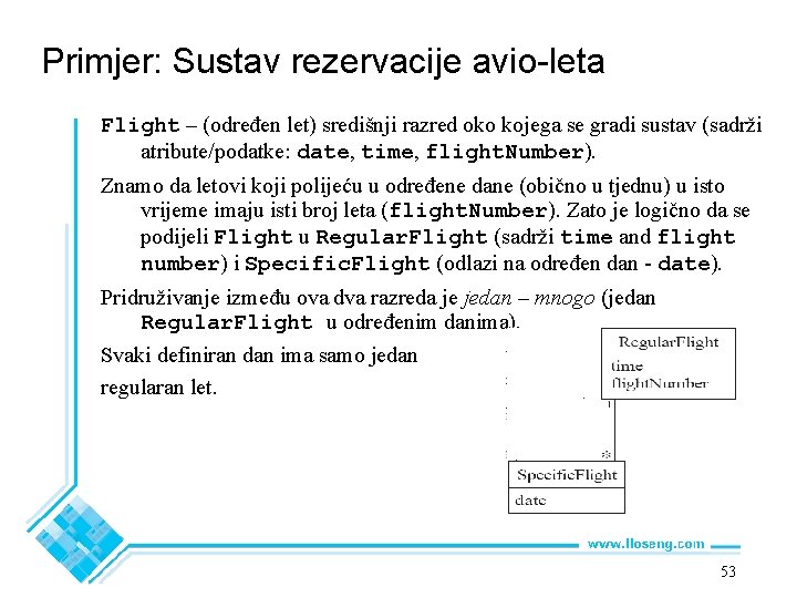 Primjer: Sustav rezervacije avio-leta Flight – (određen let) središnji razred oko kojega se gradi