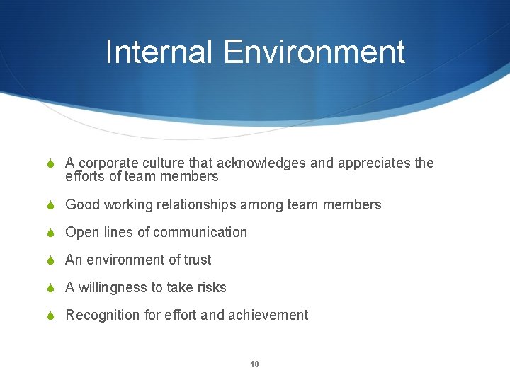 Internal Environment S A corporate culture that acknowledges and appreciates the efforts of team