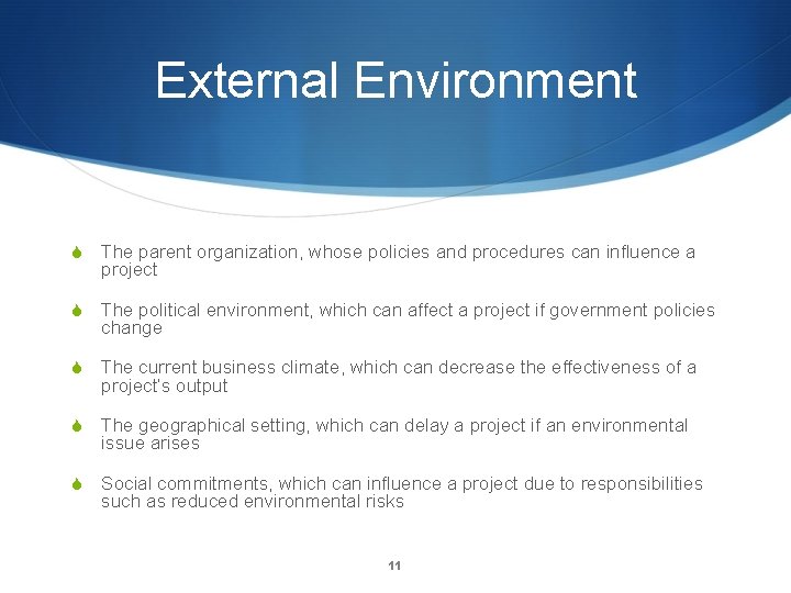 External Environment S The parent organization, whose policies and procedures can influence a project